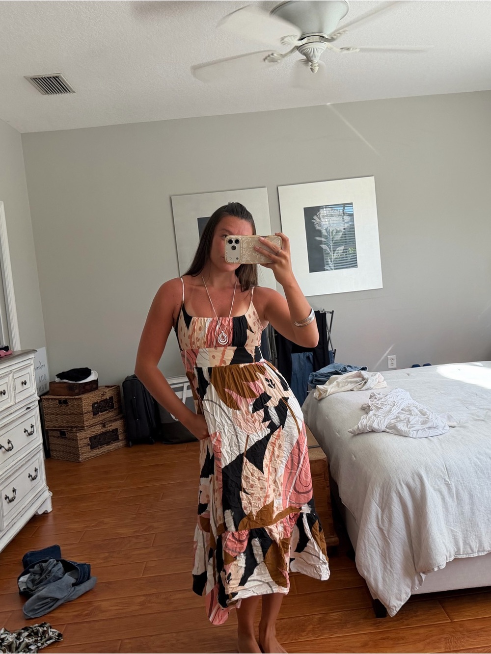 Abstract Colorblock Midi Sundress in Pink and Black